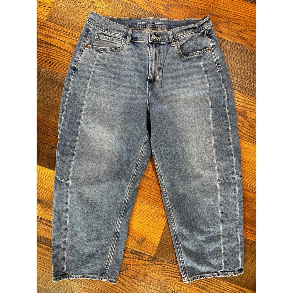 Old Navy Womens 14 Petite High Rise Barrel Leg Jeans Medium Wash Paneled Denim